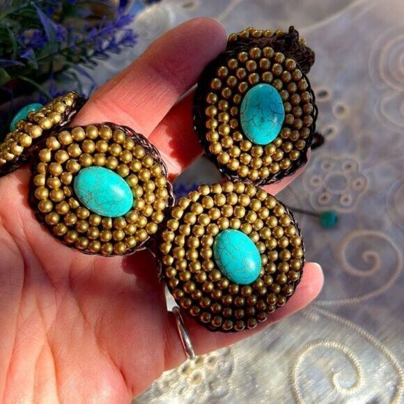 Turquoise Gold & Brown Medallion Handcrafted Crochet Necklace 22" 24" - Picture 10 of 13